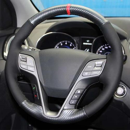 Imagen 2 del producto Cubierta para volante de coche, accesorio negro de cuero genuino de carbono para Hyundai ix45 Santa Fe 2013 2014 2015 2016