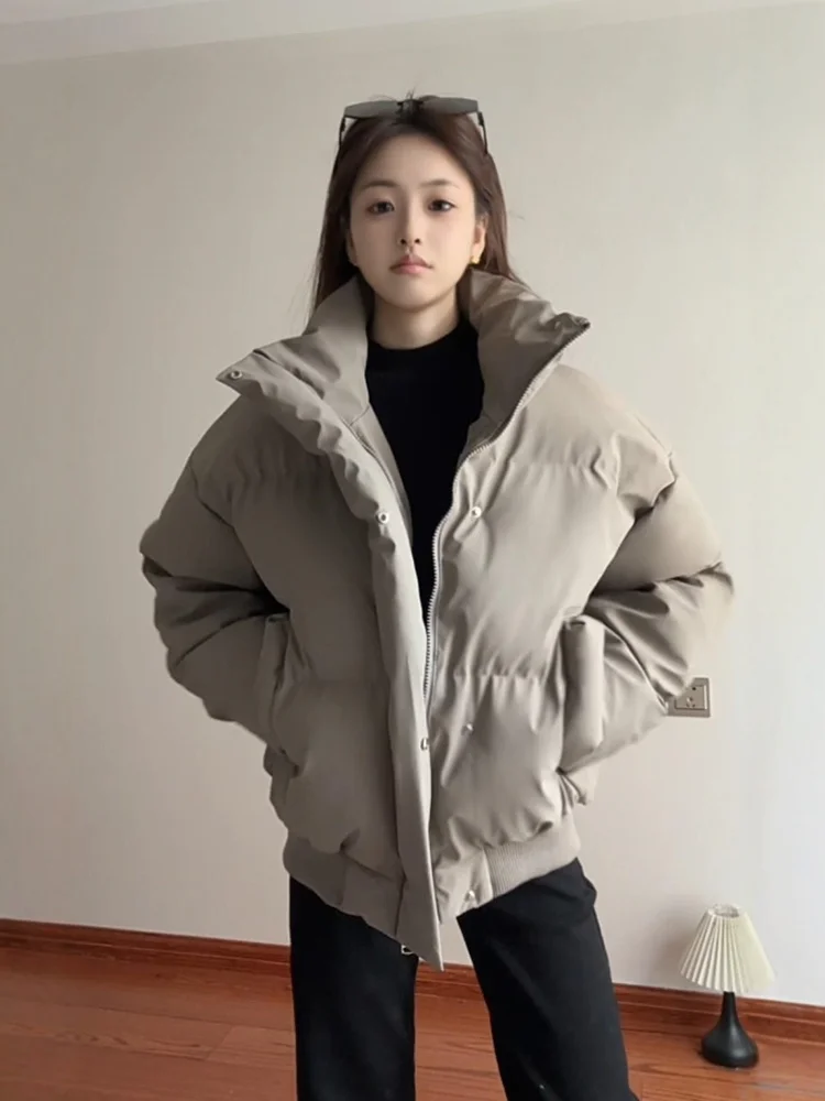 

Thiened American Sle PU Leather Stand Collar down Cotton Jaet Men's Winter Warm Coat Cleanfit Bread Sle Zipper Closure