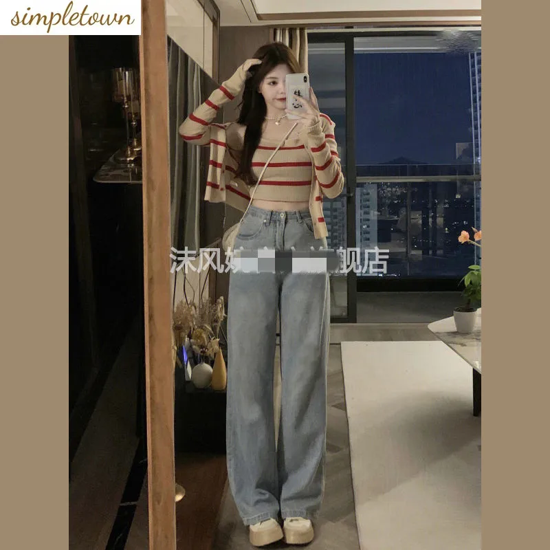 

Early autumn new Korean version pure desire style striped camisole knitted cardigan jacket+fashionable jeans three piece set