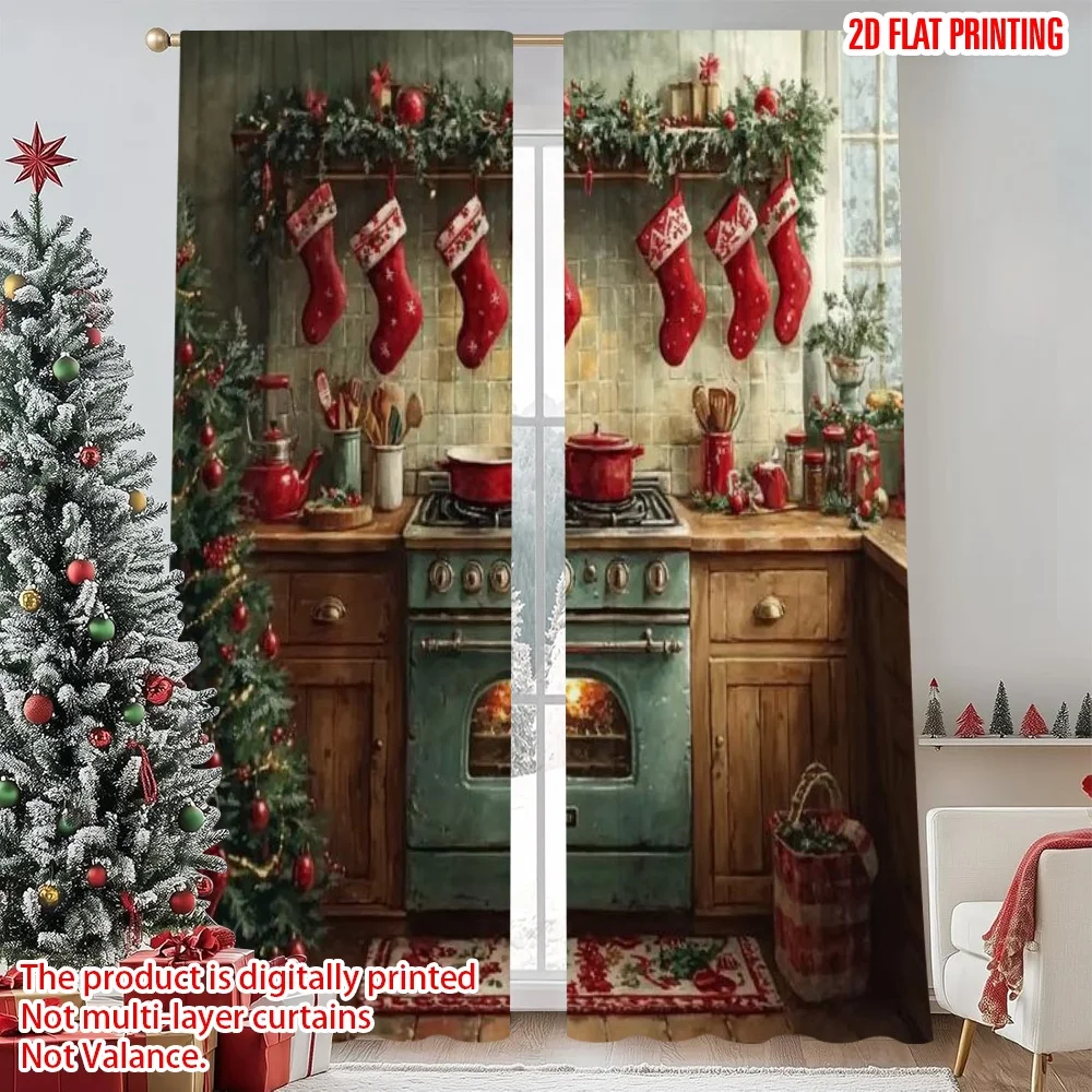 

2pcs 2D flat printing Christmas Curtains Christmas8 100% Polyester Without Electricity Holiday Decorations Use for Holiday