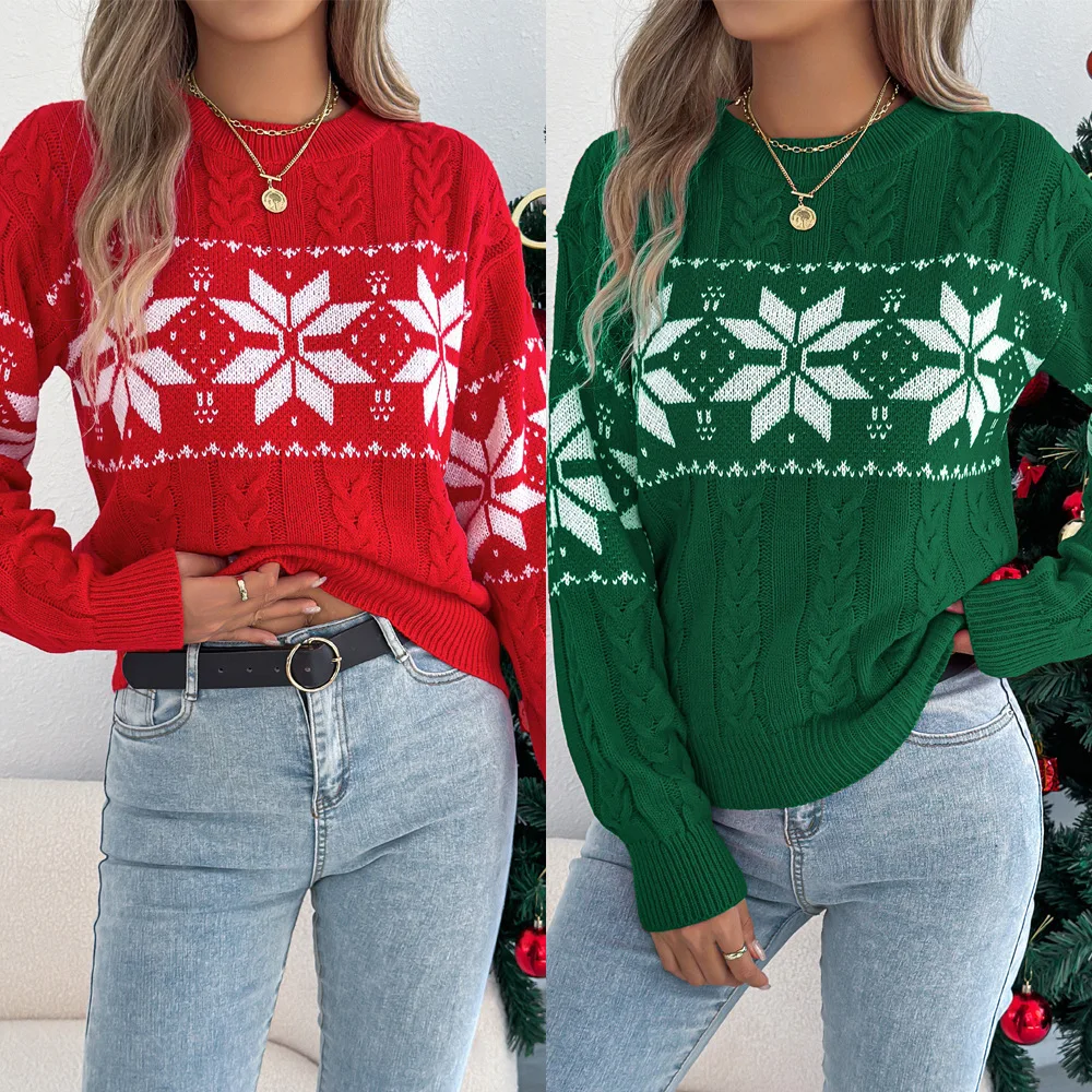 

Осенне-зимний свитер с длинными рукавами и фонариками, женский рождественский трикотаж с узором снежинки