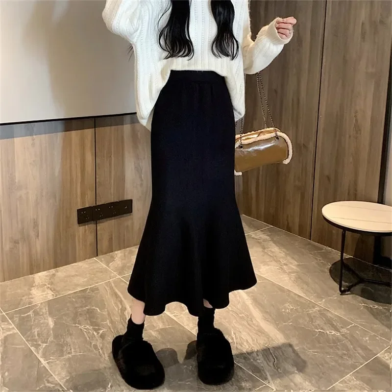 Zwarte Midi Rokken Vrouwen Herfst Winter Gebreide Zachte Faldas Fishtail Temper All-Match Streetwear Mode Koreaanse Stijl Elegant