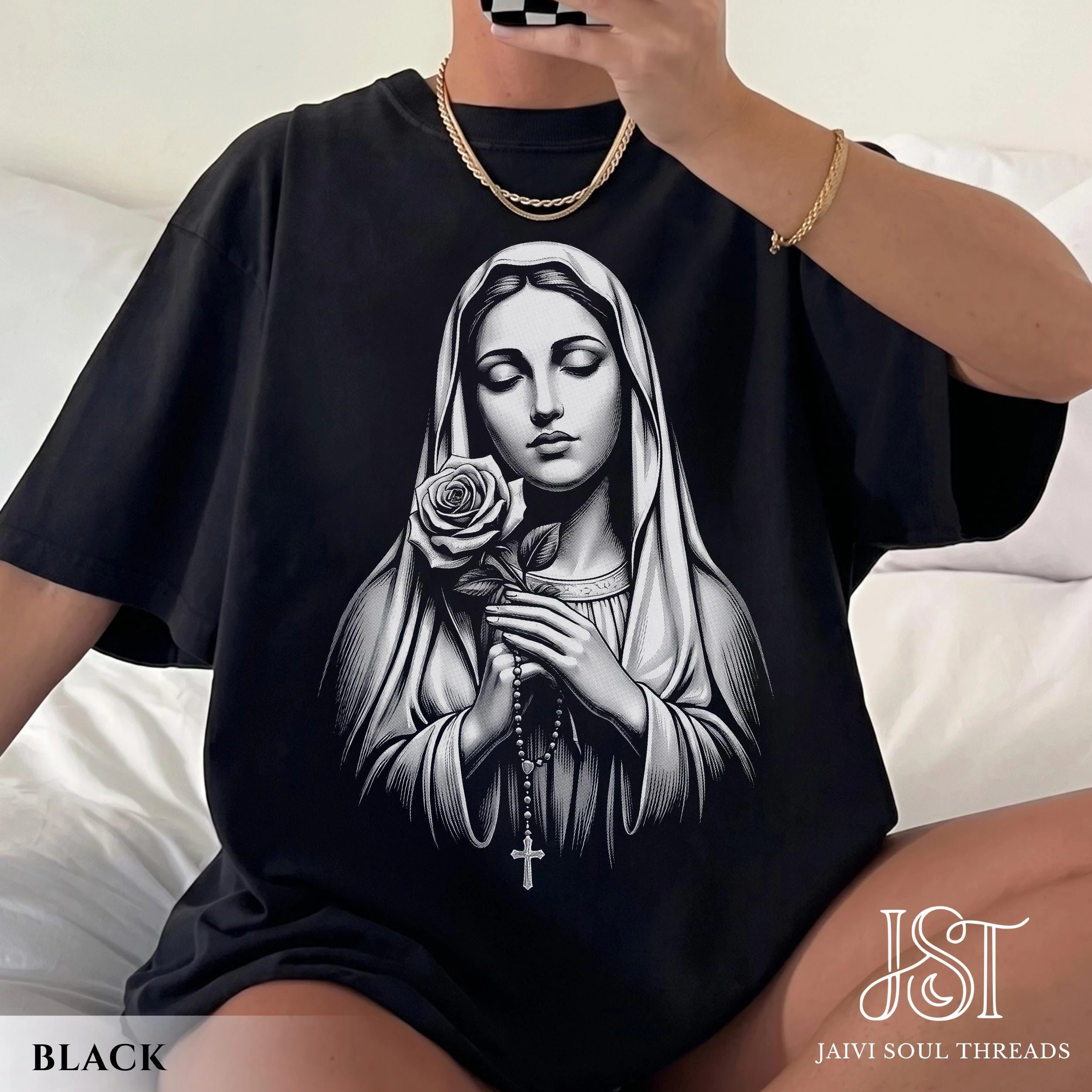 Virgin Mary Rosary Comfort Colors Shirt, Vintage Halftone Catholic Tee