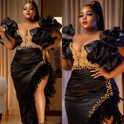 2024 Plus size PROM dress Black V-neck Sexy mermaid Feather Pearl Birthday party Engagement Second Reception Evening dress