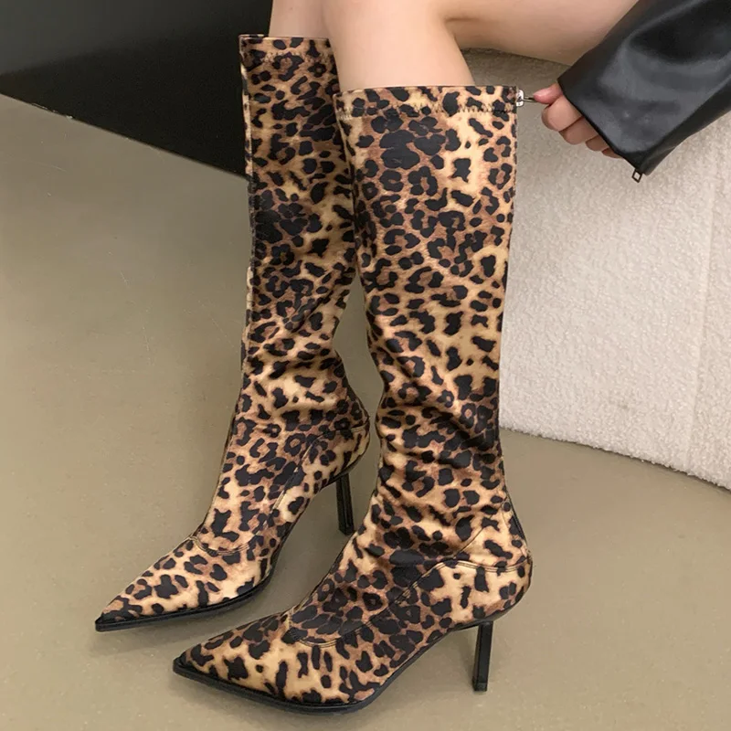 2024 Leopard Women High Boots Western Female Shoes For Women Thin Heels Zipper Autumn New Ladies Knee-High Knight Modern Boots