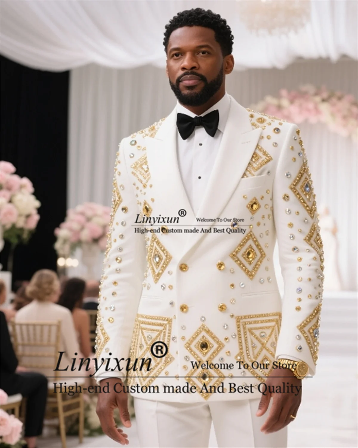 

Double Breasted Tuxedos Men Suit Customized Groom Party Wedding Slim Fit Prom Blazer Diamond Embroidered 2PCS Costume Homme