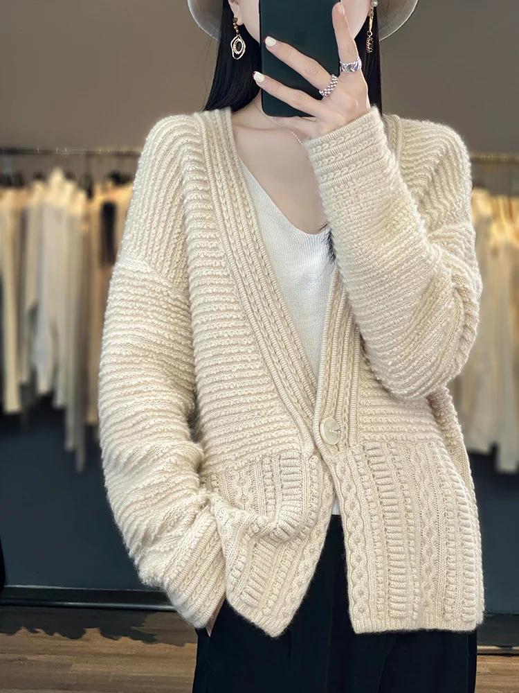 Women's Cardigan 2023 Spring/Autumn 100% Sweater Casual Knit Loose Ladies Tops V Neck Overside Thickened One Button Blouse