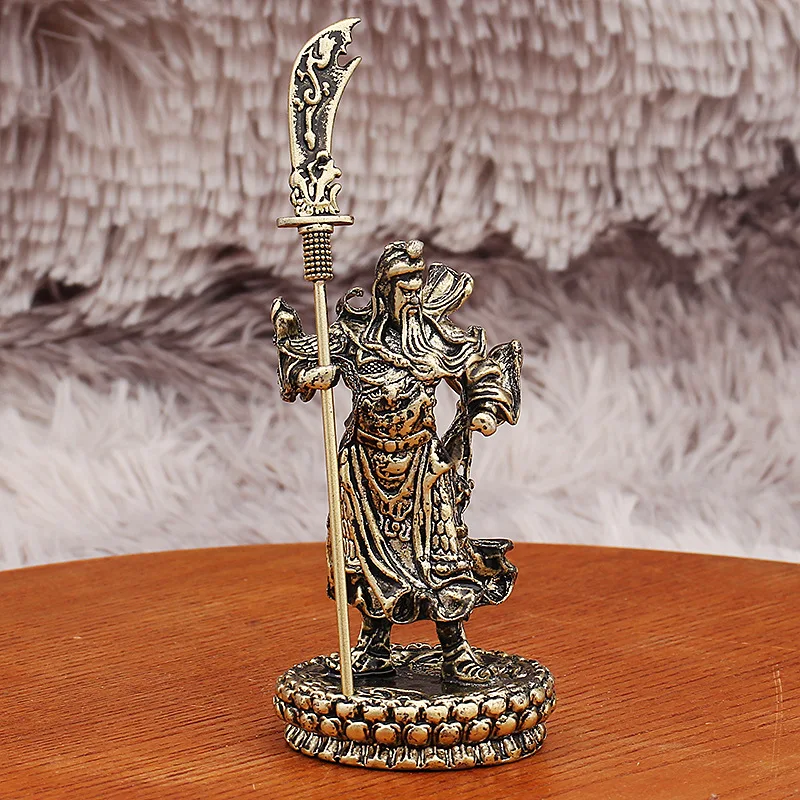 

Wu Wealth God Guan Gong Ornament Antique Style Standing Sword Lotus Base Entrance Office Coffee Table Antique Prop Metal Craft