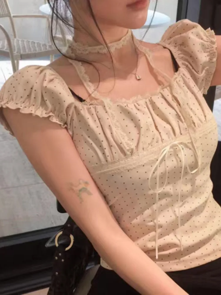 

Summer New Pure Desire Wind Neck Hanging Sash Polka Dot Lace Trim Slim Fit Bubble Sleeve T Shirt Women Korean Style Spring Au...