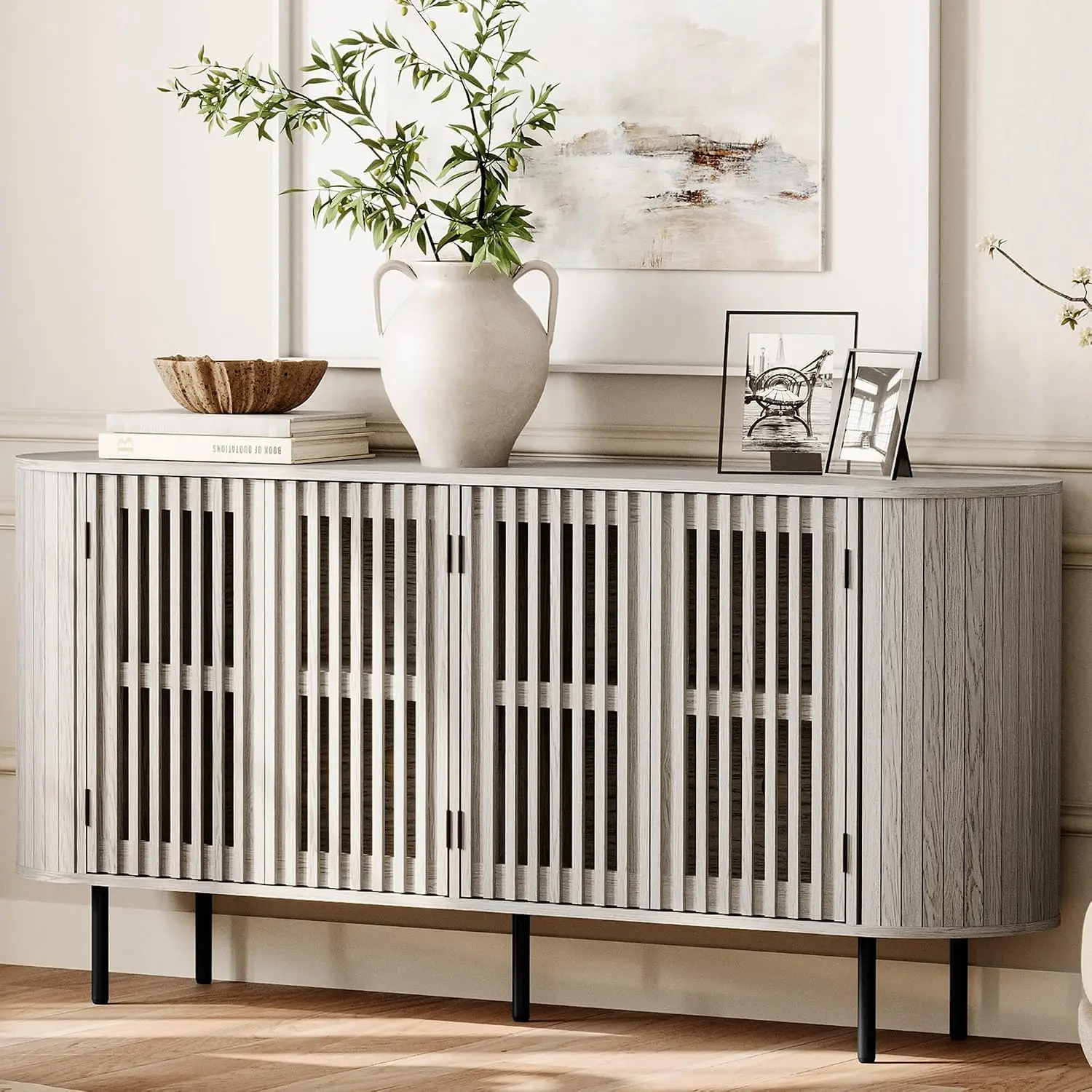 Fluted Sideboard Cabinet 4 Doors, Mid Century Modern Wood Storage Buffet Dining Living Room, White Washed, Customized