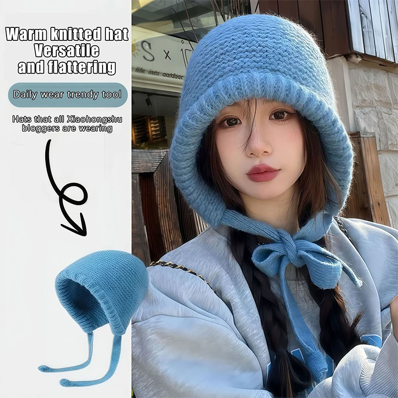 Sweet Handmade Autumn Winter Knitted Beanies Hat Wool Warm Ear Protection Hat Windproof Tassel Pullover Hat