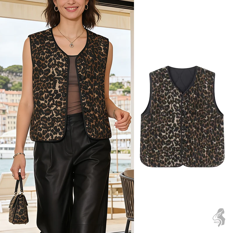

Womens Reversible Quilted Vest Leopard Print V Neck Single Breasted Pocket Vest For Commuting Everyday Layering And Warmth Tops