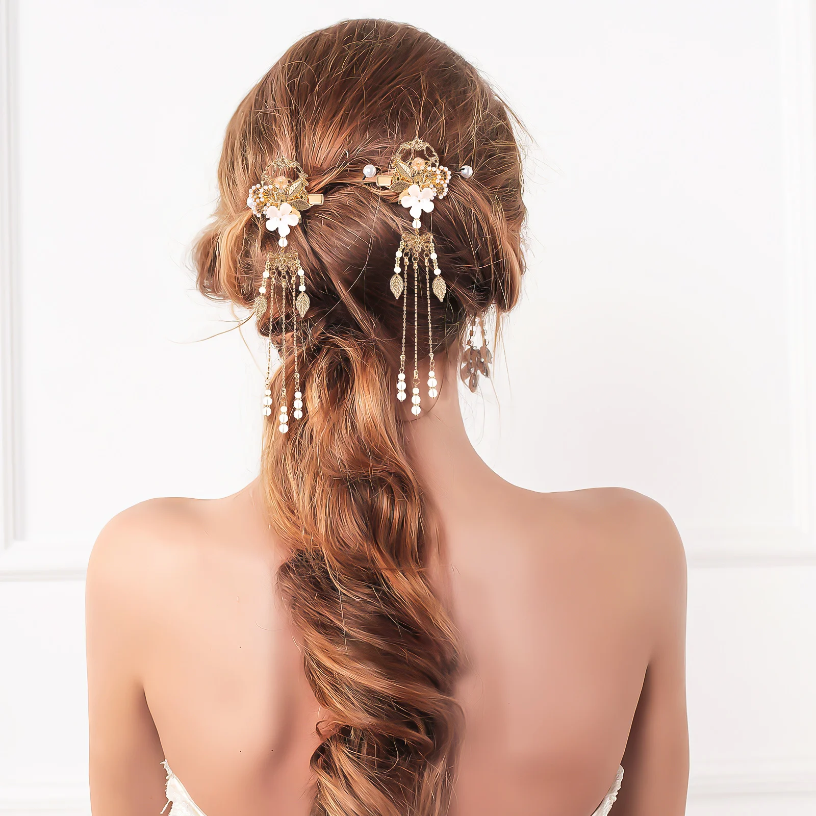 

1 Pair Tassel Side Clips Ancient Chinese Style Jade Flower Decor Elegant Hairpins For Women Vintage Barrette Retro Accessories