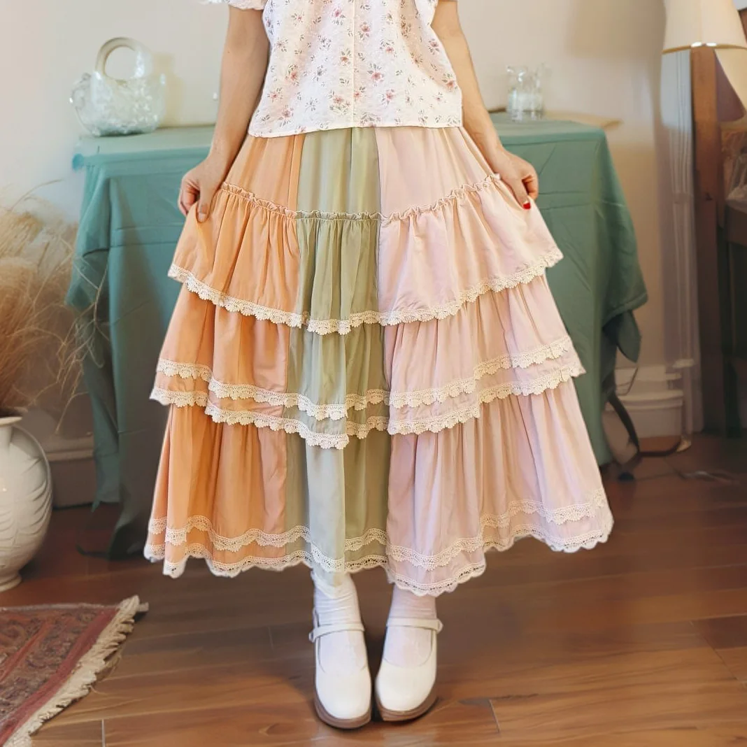 Japanese Mori Girl Splicing Color Patchwork Multi Layer Skirt Women Spring Summer Kawaii Casual Loose Ball Gown Cake Skirts