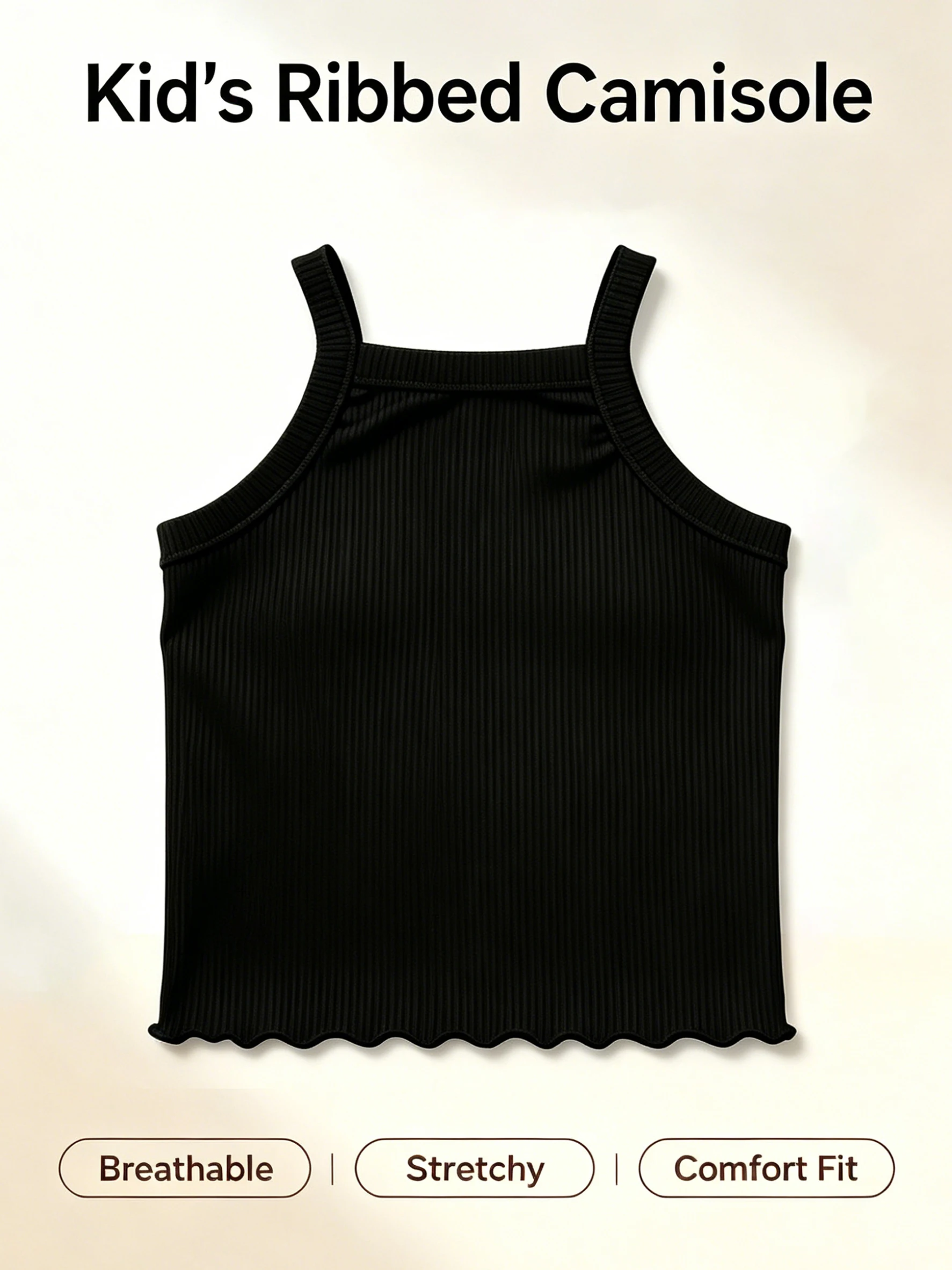 1Pc Kids Girls Ribbed Halter Camisole Wavy Hem Soft Light Breathable Summer Basic Sleeveless Layering Tank Undershirt For 2-10Y