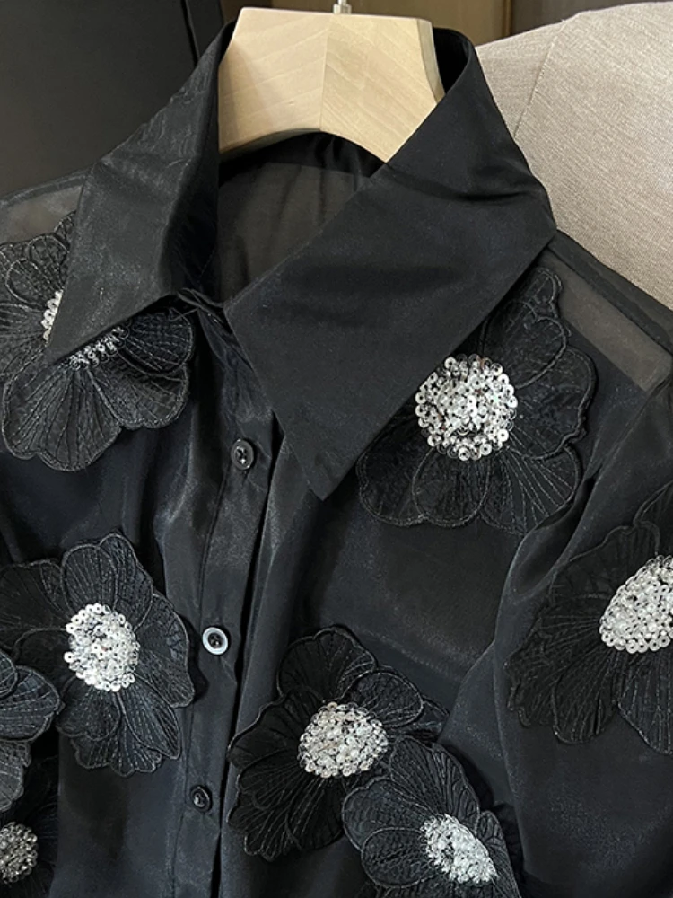 Spring Summer Long Sleeve Sequins Petals Applique White Beige Mesh Shirts and Blouses For Women Sexy See- through Tops