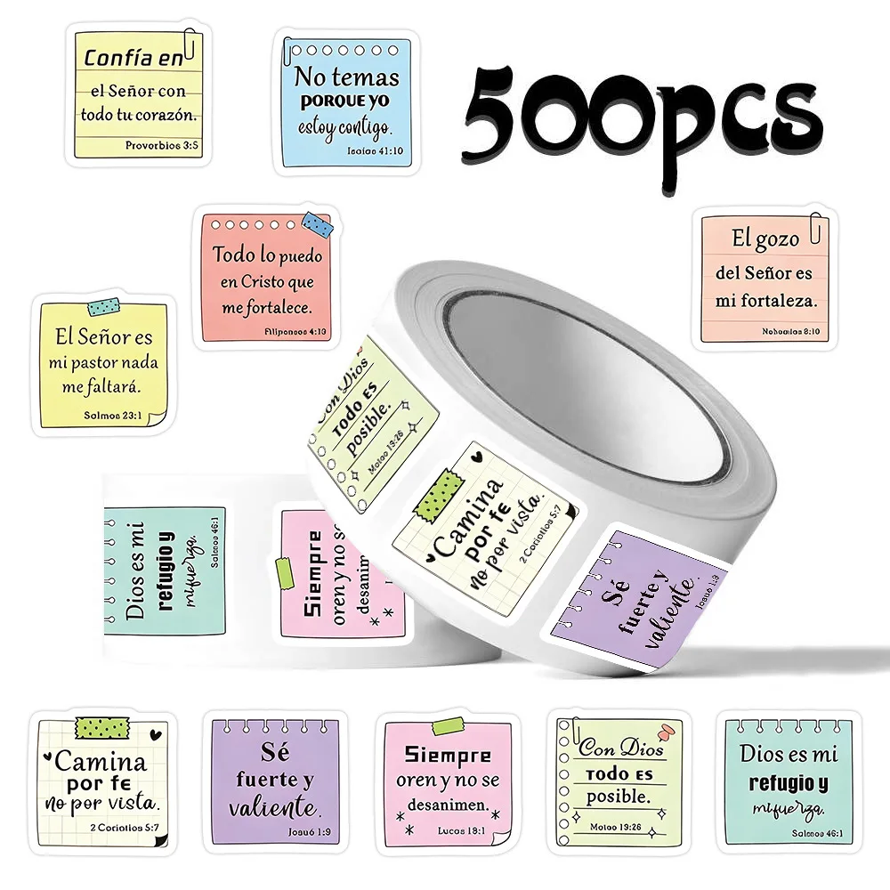 500PCS Spanish Bible Verse Stickers Roll, 10 Designs Inspirational Decals for Journal Scrapbook Notebook, DIY Sealing Gift