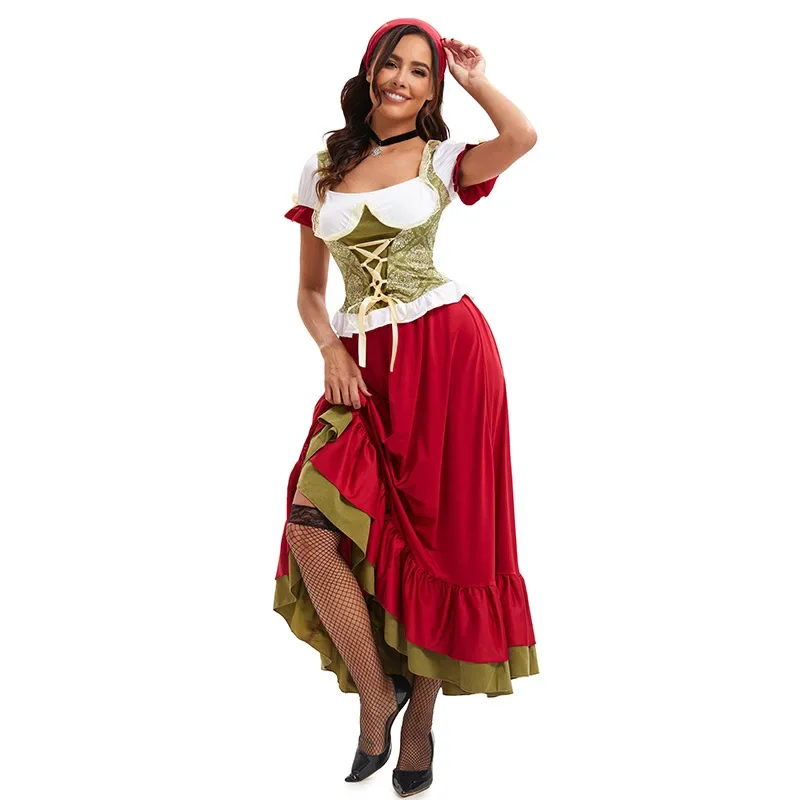 Munich Women's Oktoberfest Costume Beer Sister Costume Halloween Bar Ding Dong Working Costume Blouse+Dress+Headband