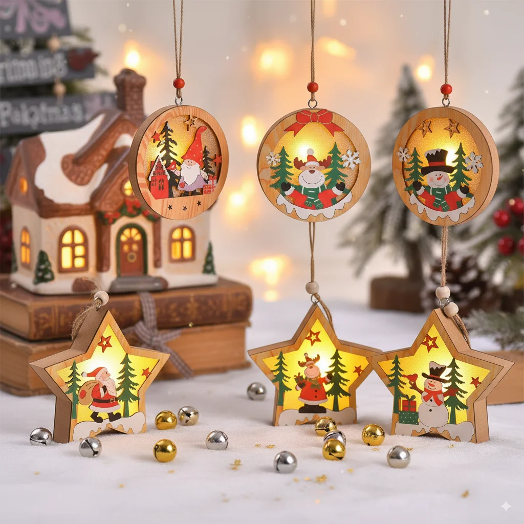 

Christmas Tree Led Lighting Pendant Ornament Ornaments Claus Round/star Hanging Star Snowflakes Trees Santa Elk Xmas Accessories