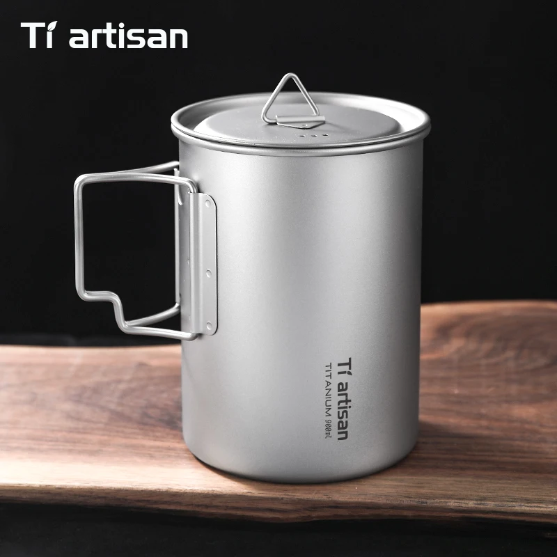 Tiartisan チタン製折りたたみハンドルキャンプマグ 750ml/900ml 大容量ウォーターカップ 蓋付き アウトドア軽量ドリンクウェア