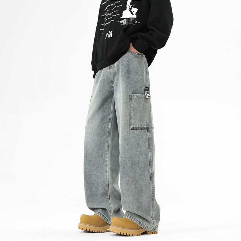 

2025 Autumn Winter New Vintage Large Pocket Patchwork Design Cargo Jeans Men Loose Wide Leg Casual Straight Long Pants