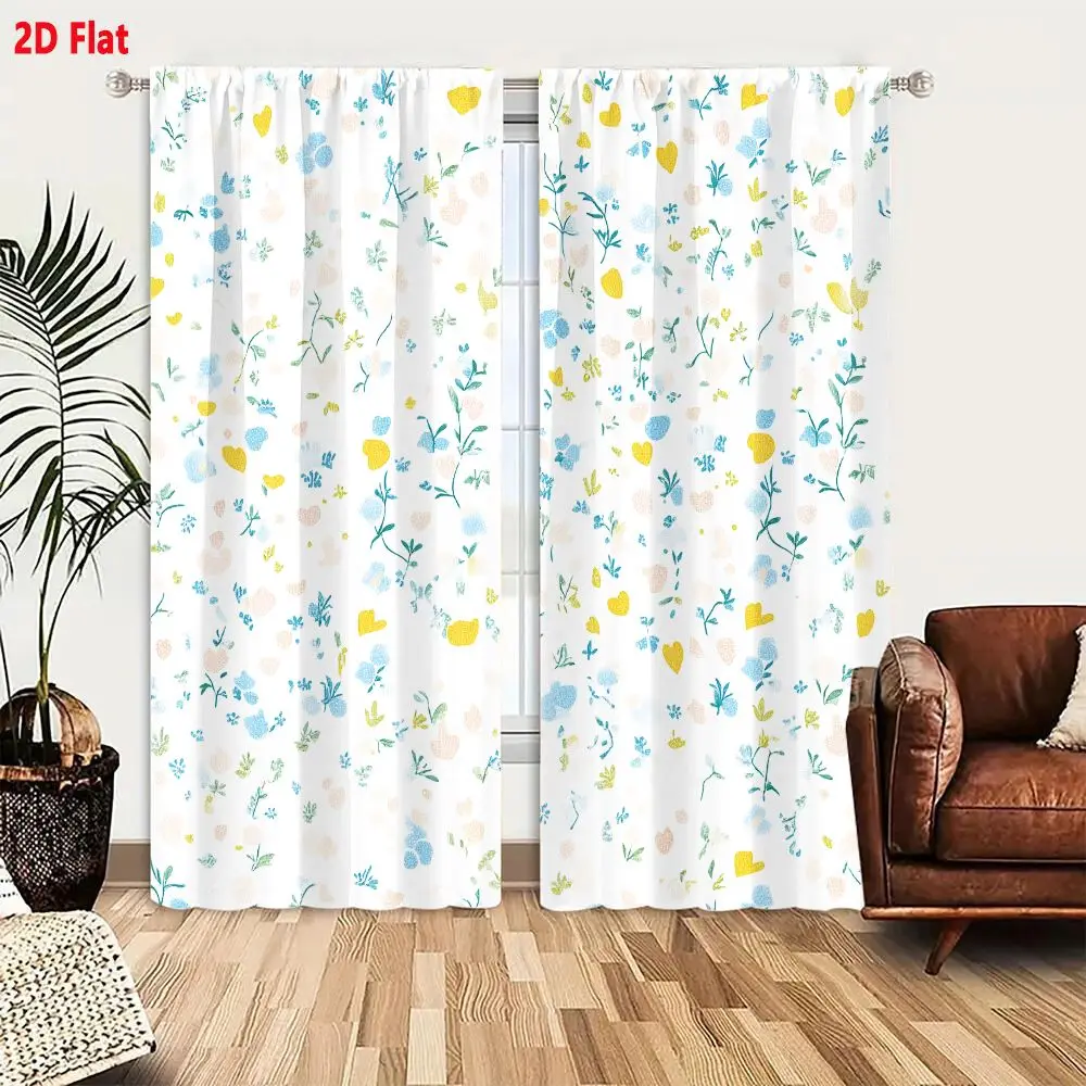 2Pcs Curtains 2D Flat Delicate Floral Pattern On Soft Off-white Background With Pastel Blue Yellow And Pink Watercolor Design Wi