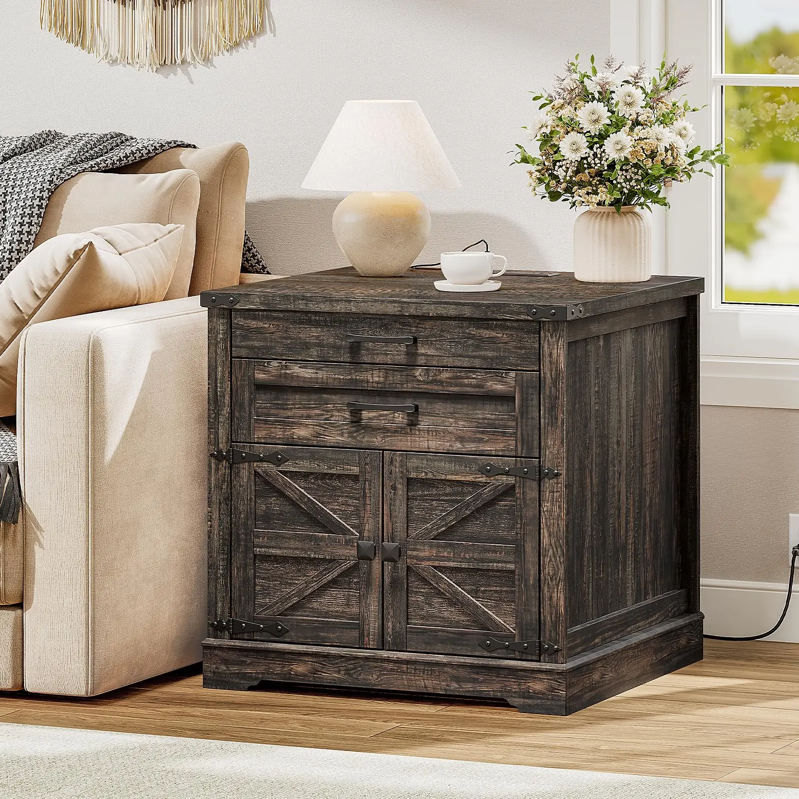 Farmhouse End Table with Charging Station, 24'' Sofa Side Table with 2 Drawers and Barn Door, Large Rustic Wooden