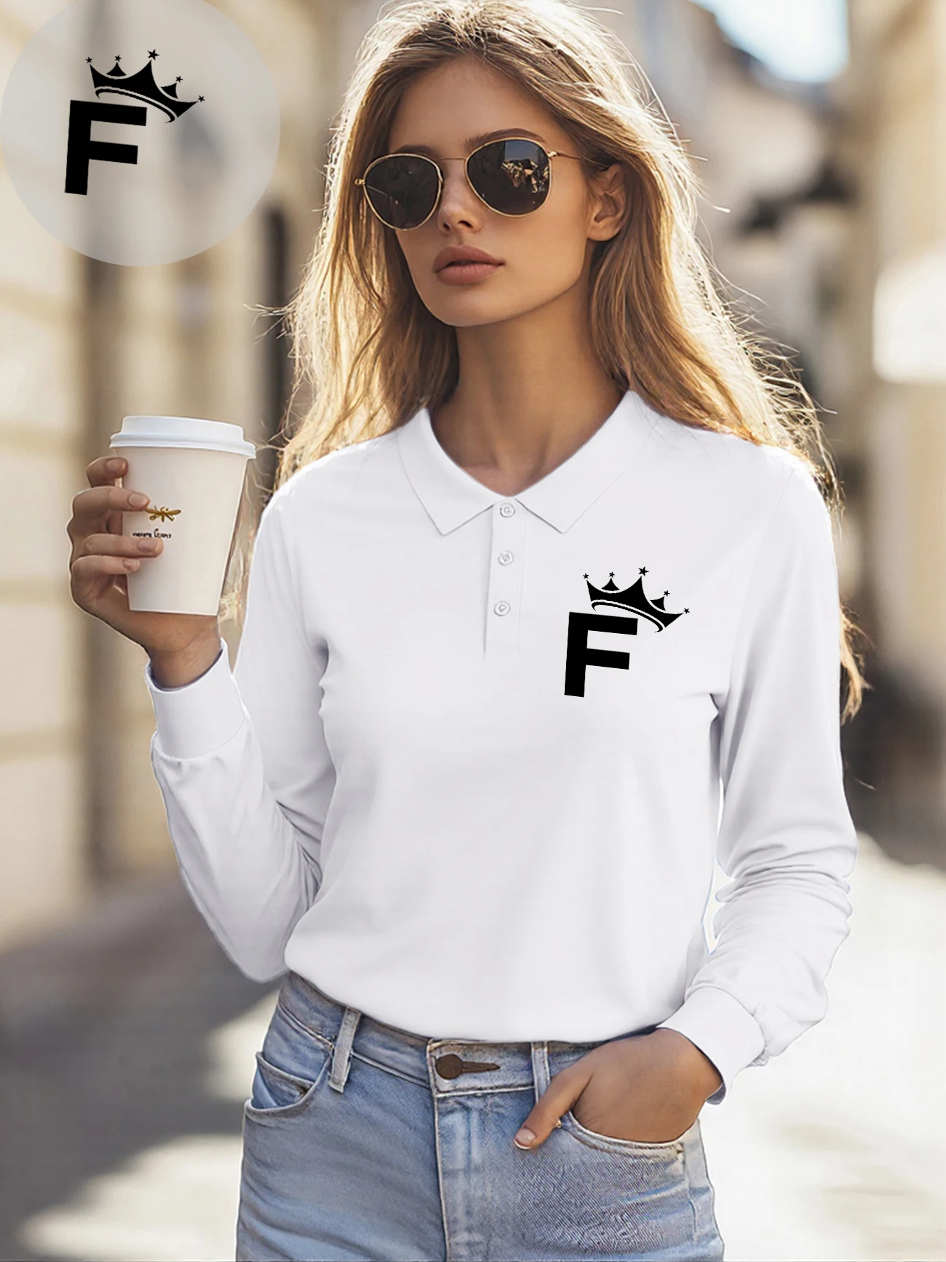 Koszulki polo z prostym wzorem litery F, kołnierzyk, casualowe, z długim rękawem, modne, uniwersalne, damskie koszulki golfowe, odzież jesienna.