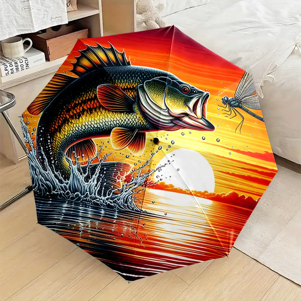 1PC Fishing Adventure Illustrated on Umbrella Print 8 Iron Ribs Folding Umbrella Auto-Open Fashion Sunshade