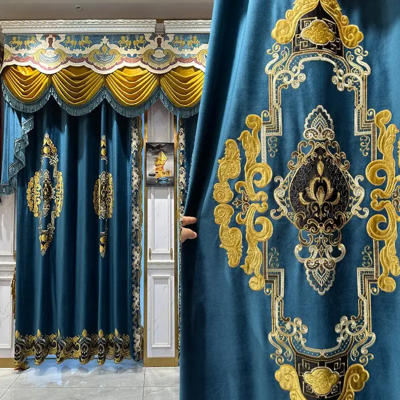 Custom Gorgeous American flannelette embroidery living room palace blue velvet cloth valance blackout curtain tulle drape C1931