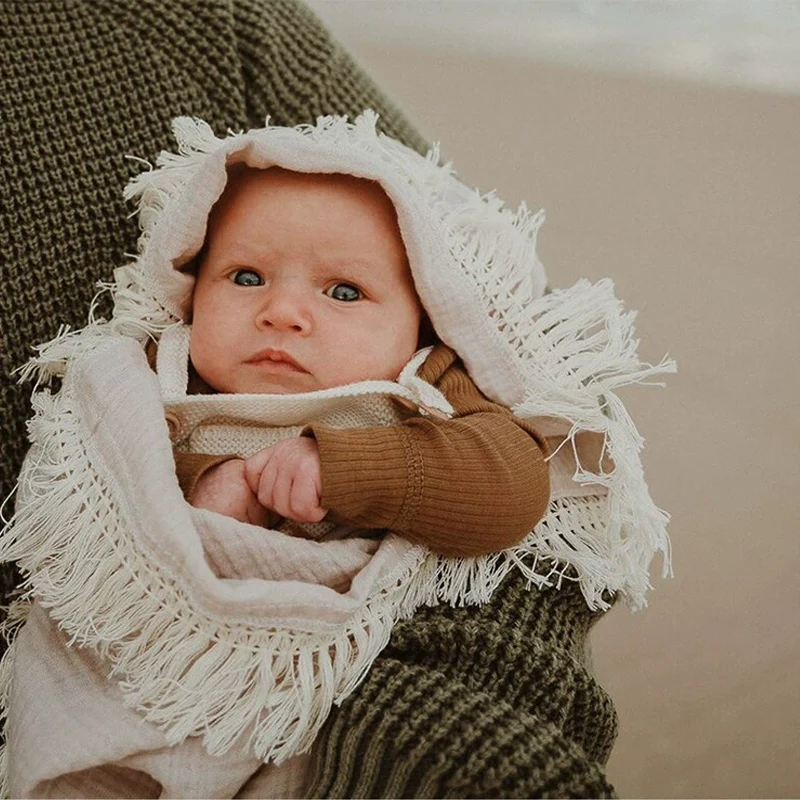 Soft Breathable Gauze Blanket for Baby Toddler with Double-Layer Tassel Solid Color Newborn Crepe Wrap