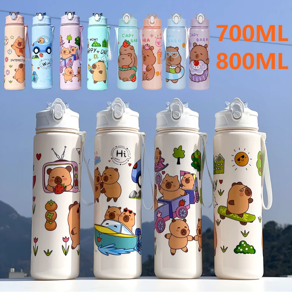 700/800 ml Capybara Niedlicher Wasserbecher mit Strohhalm/Tragegurt Sportwasserflasche Große Kapazität Reisewasserbecher für Fitnesssport