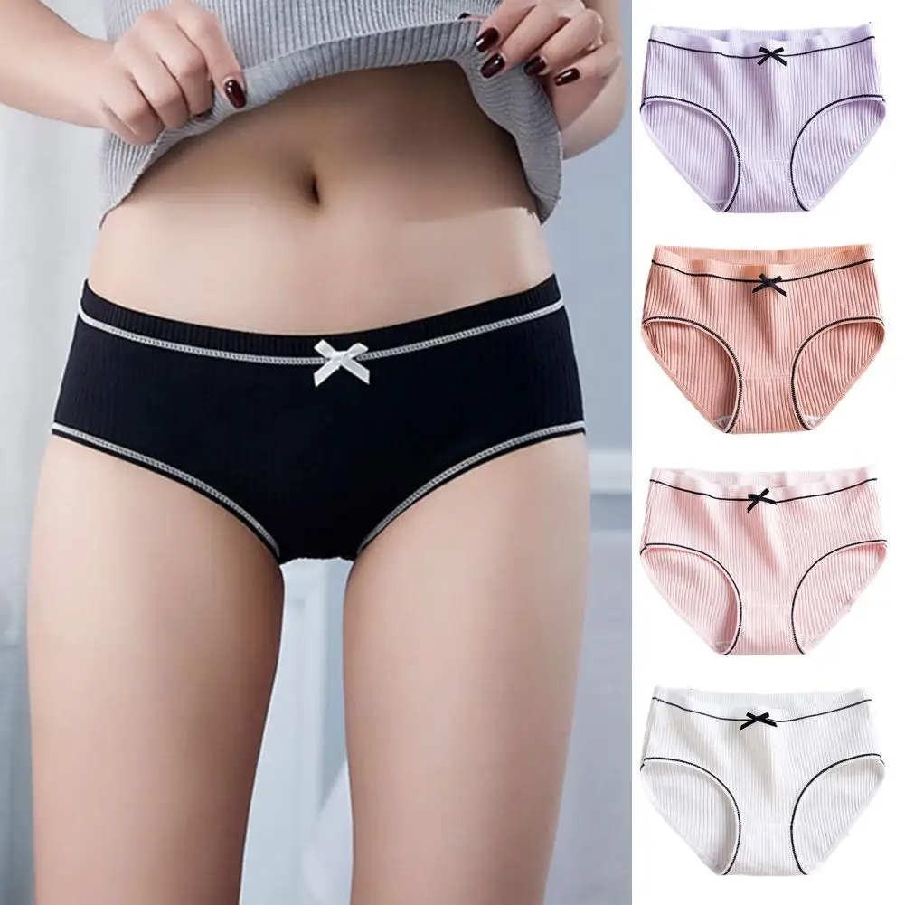 2026 Women Panties Thread Bow Decor Mid Waist Elastic Cotton Underpants Seamless Max Comfort Daily Sport Briefs Female Underwear
