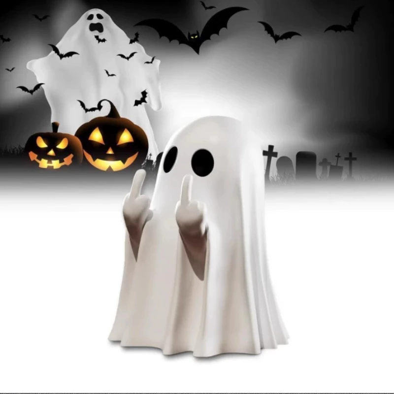 Cute Middle Finger Ghost Statue Small Spooky Halloween Decor Adorable Horror Figure Home Coffee Table Centerpiece Ornament