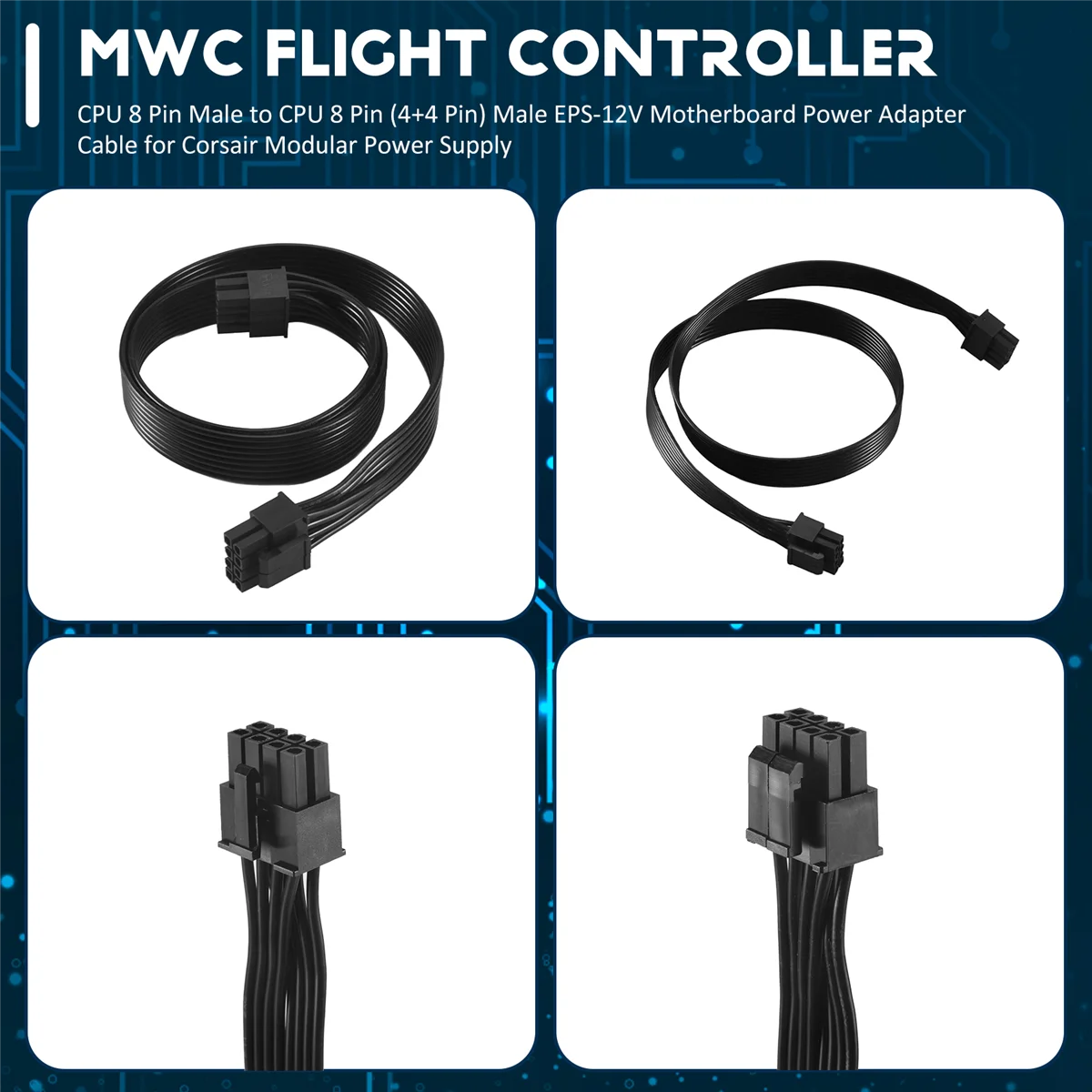 CPU 8 Pin Male to CPU 8 Pin (4+4 Pin) Male EPS-12V Motherboard Power Adapter Cable for Modular Power Supply 60cm