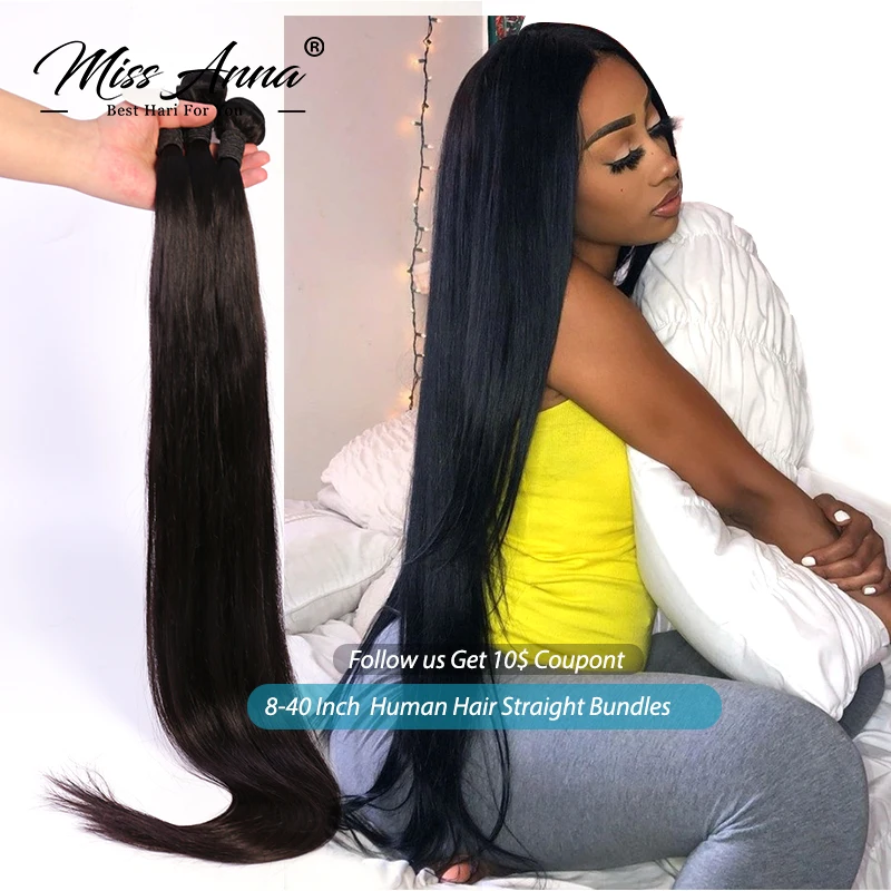 Missanna-Bundles de cheveux humains droits, tissage doux brésilien, extensions de cheveux humains, 36 po, 38 po, 40 po, 3 pièces, 4 pièces