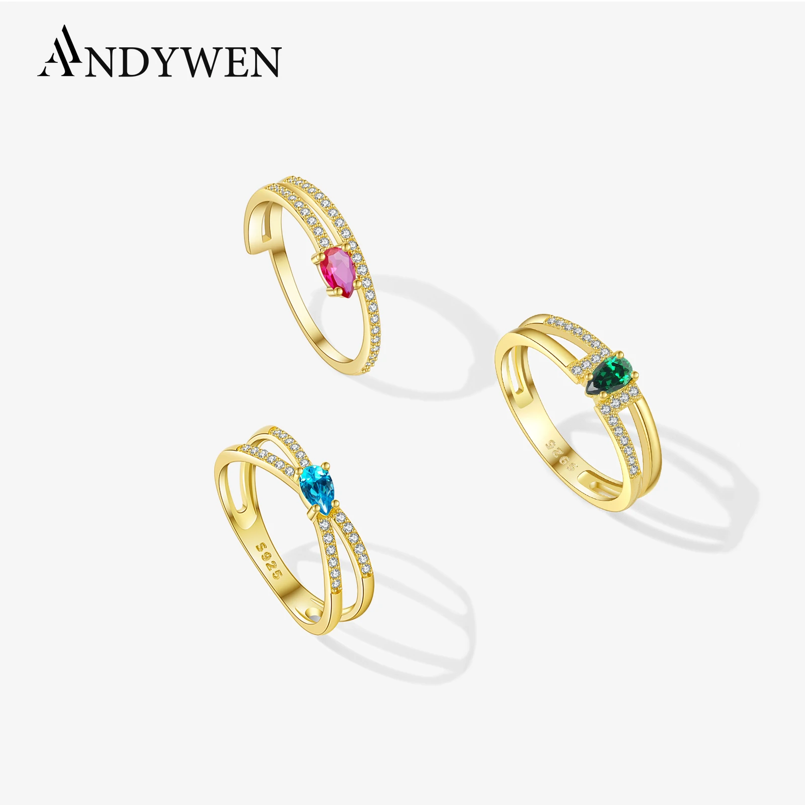 ANDYWEN 925 Sterling Silver Two Line Water Drop Shape Rainbow Zircon Colorful Ring Series Luxury Wedding Jewelry for Women