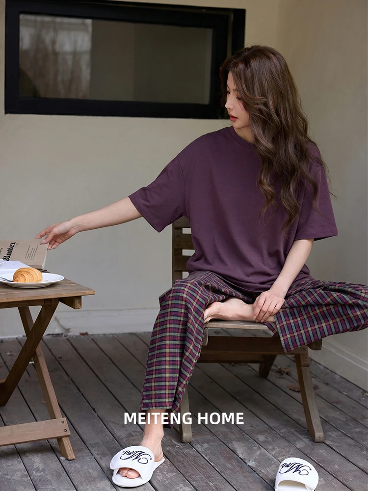 mittun-summer-new-loose-women's-sleepwear-short-sleeve-modal-cotton-purple-home-clothes-long-pants-comfortable-breathable