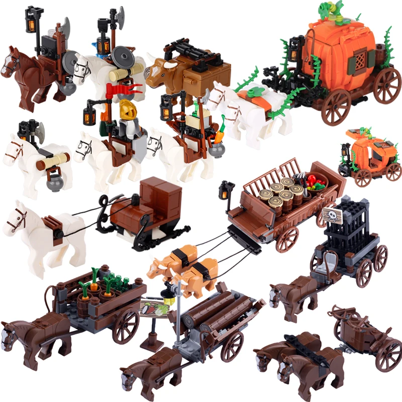 MOC Medieval Military Building Blocks Castle Knight Transport Carriage Vegetable Wood Prison Van War Horse Weapon Bricks Toy Boy