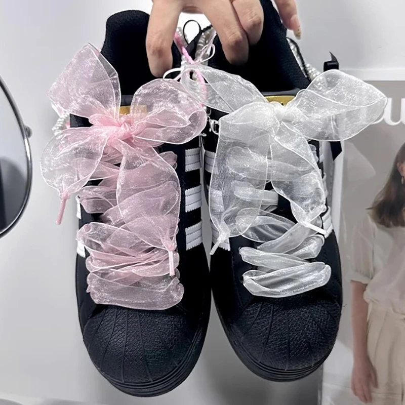 1 Pair Big Bow 2.5cm Widened Chiffon Yarn Shoelaces Flat Silk Laces for Sneakers Canvas Casual Leather Shoes DE Trainining Shoes