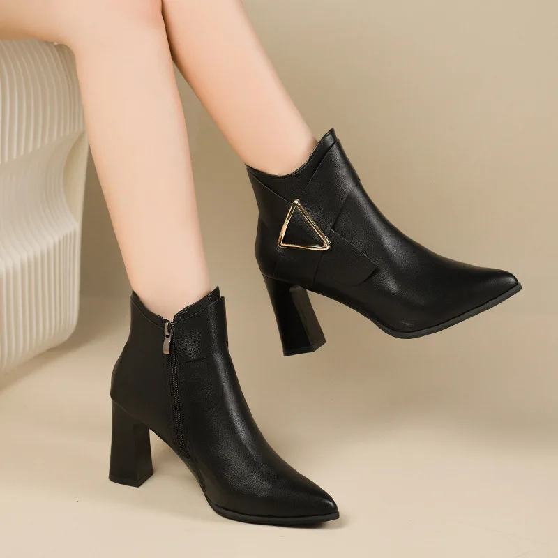 

Women's High Heels Short Boots Spring Autumn Belt Buckle Ankle Boots Female Bottes High Top Leather Shoes Waterproof Woman Pumps