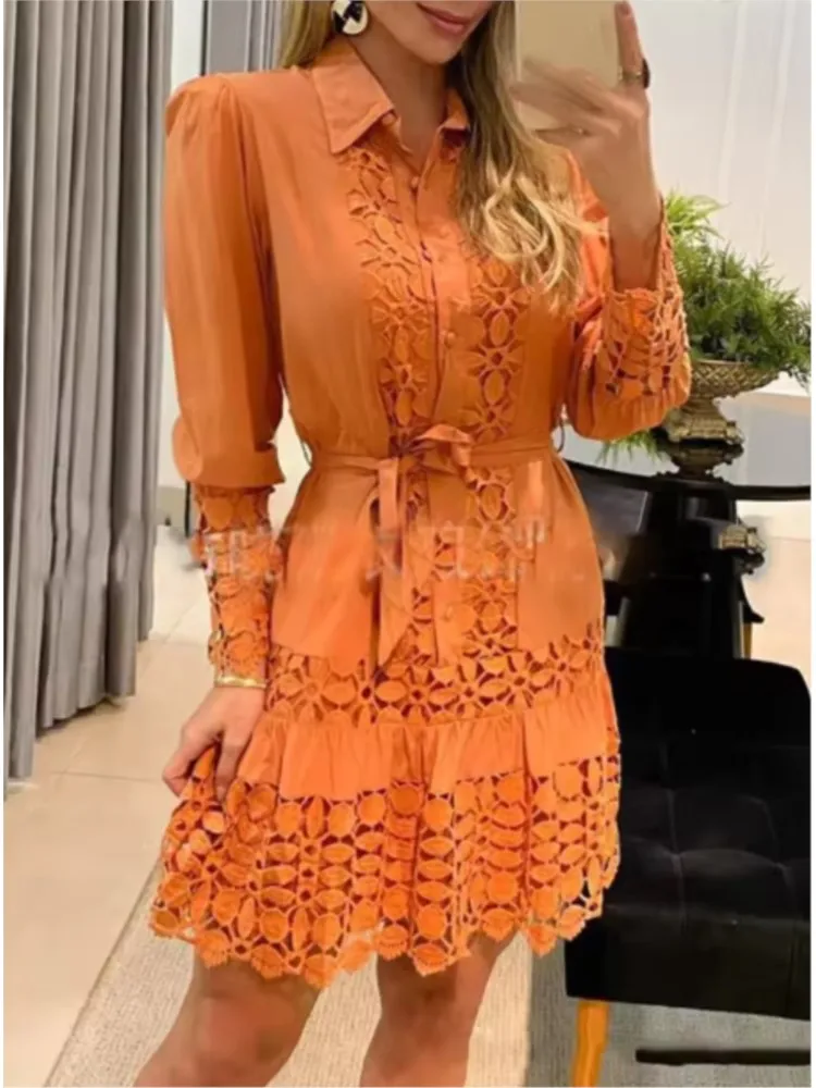 

Women's Lace Dress Fashion Solid Long Sleeve Hook Flower Hollow Dresses Lady Casual Beach Party Skirt Dress Summer Women Clothes