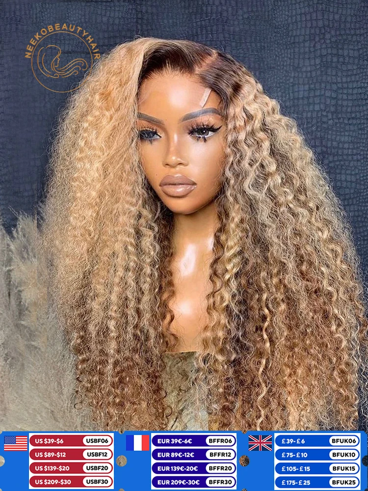 Ombre Honey Blonde Highlight Wig Human hair 13X6 Transparent Kinky Curly Lace Front Wigs with Brown Roots