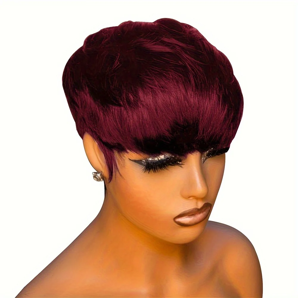 픽시 컷 스트레이트 인모 가발 여성용 전체 기계 제작 인모 가발 150% 밀도 6인치