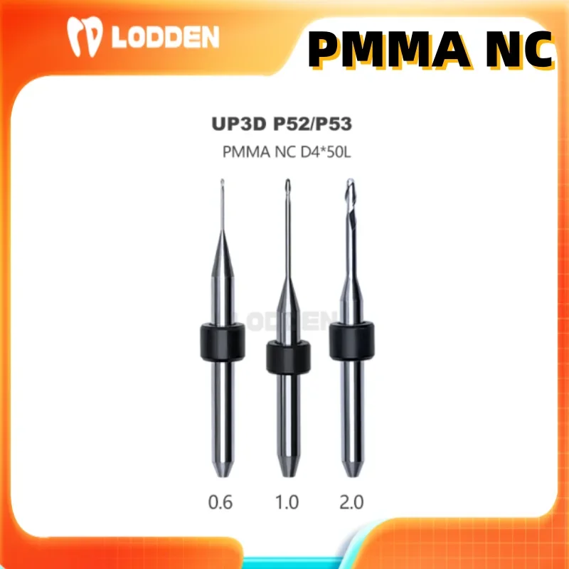 

Dental Milling Burs for UP3D P52/P53 Grinding PMMA NC Coating D4 Drill Diameter 0.6/1.0/2.0mm Total 50mm Denture Griding Tools