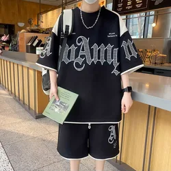 Men's T-Shirt Shorts 2-Piece Set 2024 Black Tracksuit Korean of Harajuku High Street Clothing Creative Pattern Men's Short Suit