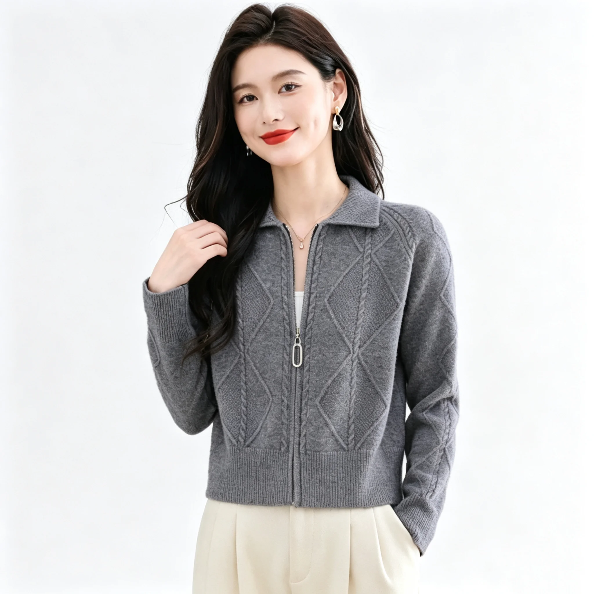 Women Lapel Collar Zip‑Up Knit Cardigan Knit Tops Long Sleeve Cropped Sweater Coat Soft Warm Casual Outerwear For Autumn Winter