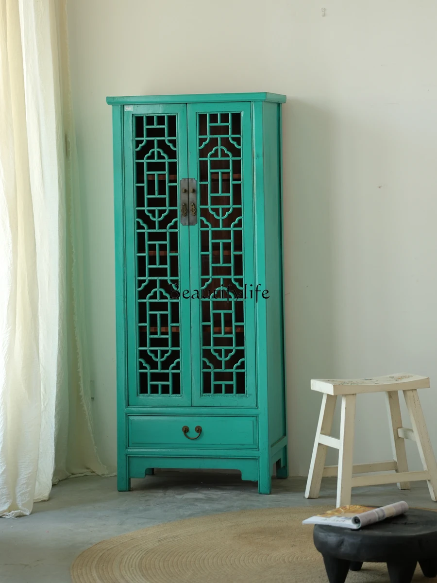 

New Chinese classical solid wood bookcase antique and old hollow flower grid cabinet