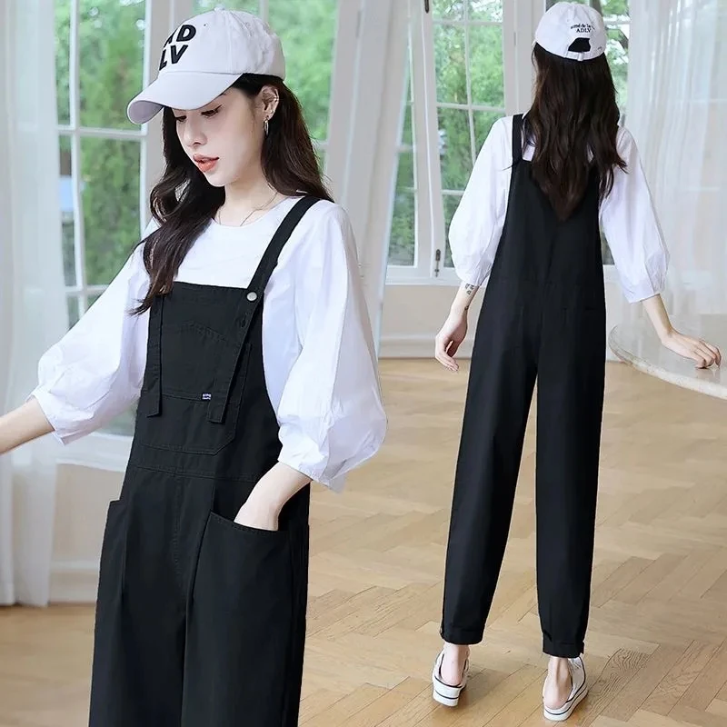 Womens Sleeveless Dungarees Rompers Korean Solid Cotton Jumpsuit Loose Shoulder Strap Pants Summer Casual Overalls Playsuits