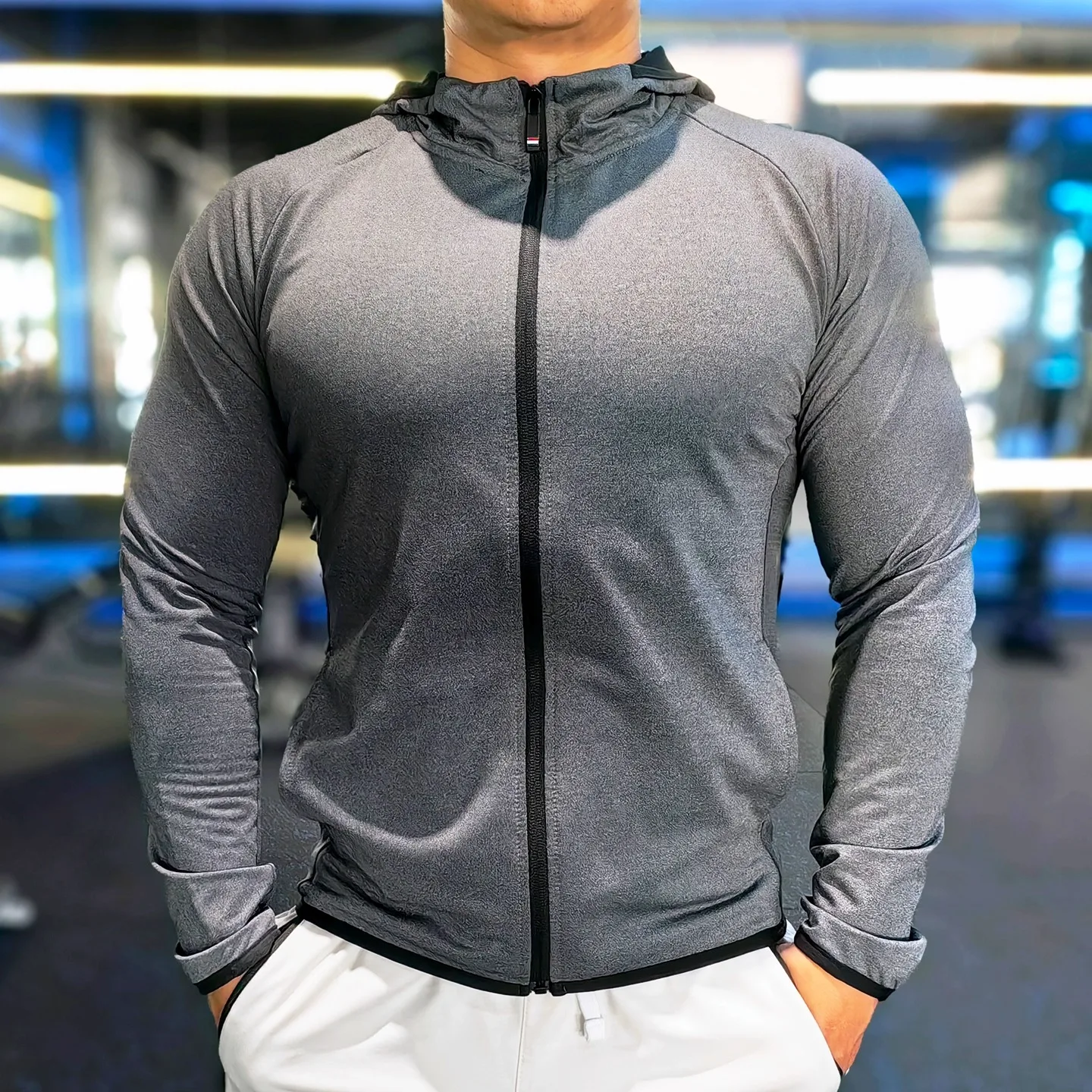 

Спортивная куртка для фитнеса, мужская уличная тренировочная одежда для бега, эластичная, быстросохнущая, дышащая, потливость, облегающая, с капюшоном, с длинными рукавами